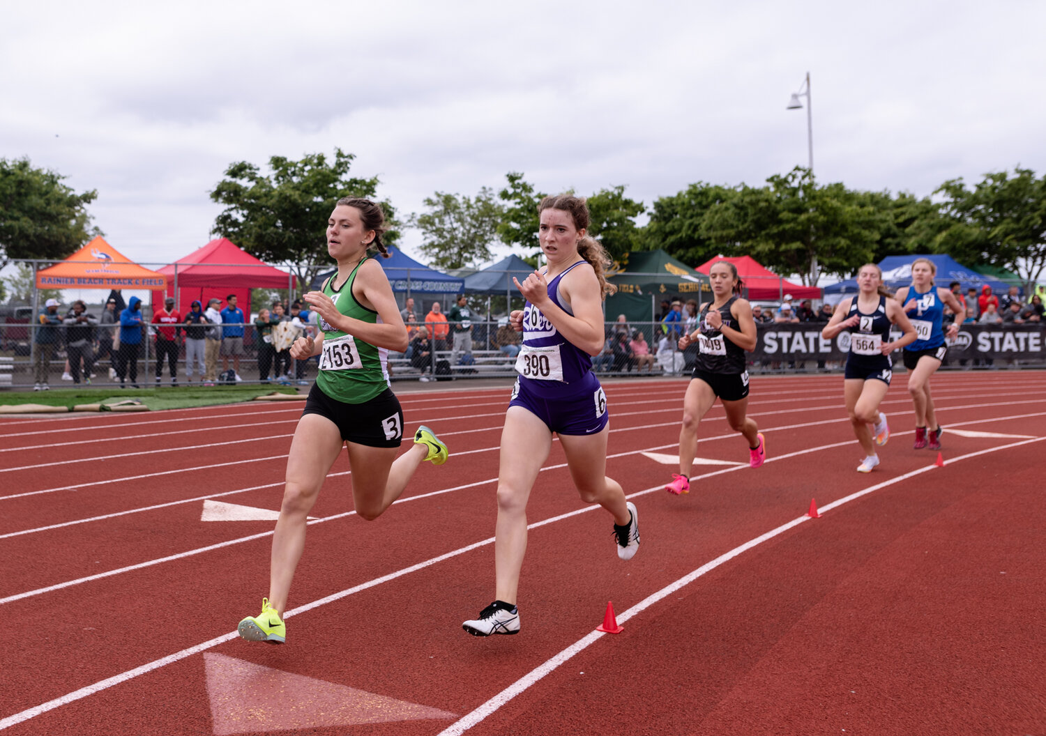 Tumwater’s Annabelle Clapp cuts inside in the 2A girls 800 at the WIAA 2A/3A/4A State Track and Field Championships on Saturday, May 27, 2023, at Mount Tahoma High School in Tacoma. (Joshua Hart/For The Chronicle)